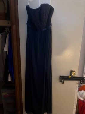 David's Bridal Navy Strapless Maxi Dress with Textured Bodice